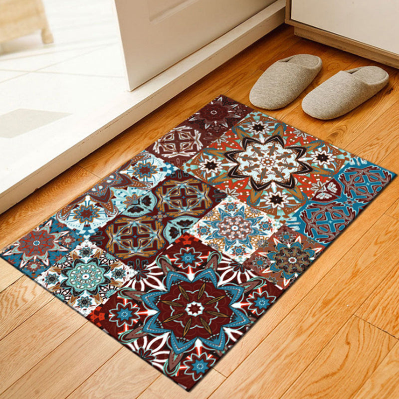 Avtoit | Brown Bedroom Carpet Moroccan Flower Square Printed Carpet Polyester Non-slip Back Carpet