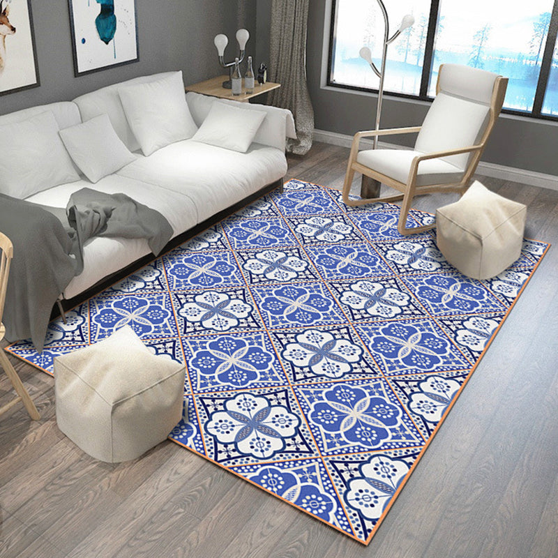 Avtoit | Moroccan Flower Square Print Carpet in Blue and White Polyester Rug Machine Washable Area Rug for Living Room