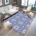 Avtoit | Moroccan Flower Square Print Carpet in Blue and White Polyester Rug Machine Washable Area Rug for Living Room