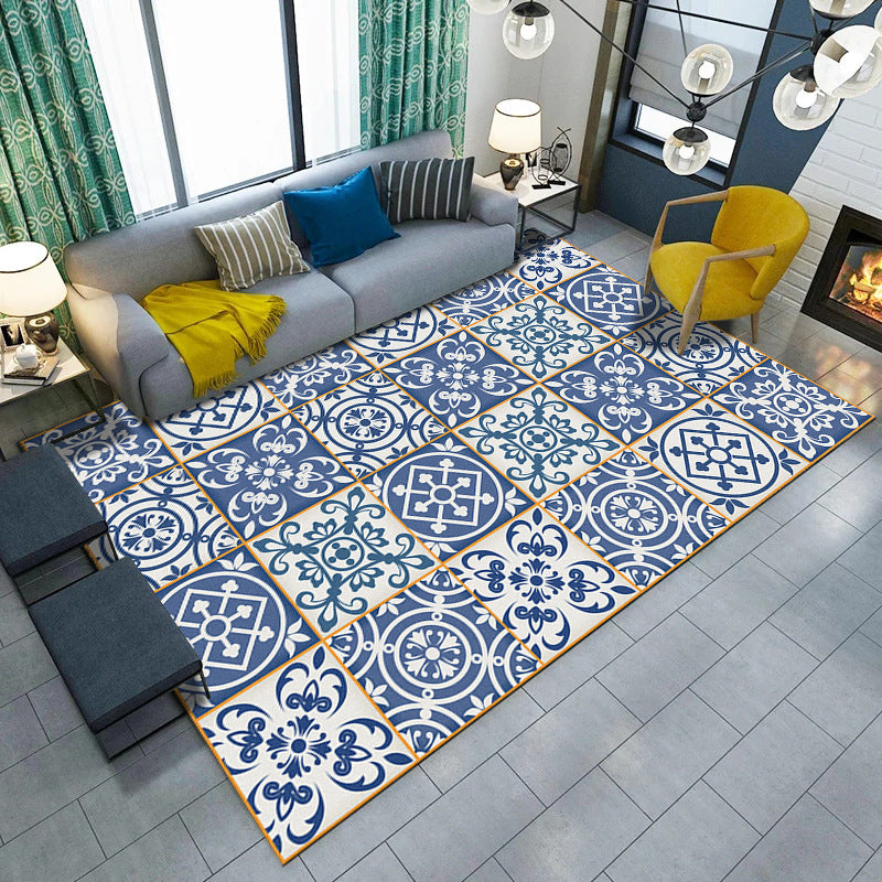 Avtoit | Blue and white bedroom rug Moroccan flower circle square pattern rug polyester machine washable rug