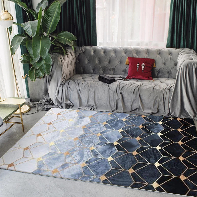 Avtoit | Blue Bedroom Carpet Modern Geometric Hexagonal Pattern Rug Polyester Machine Washable Rug