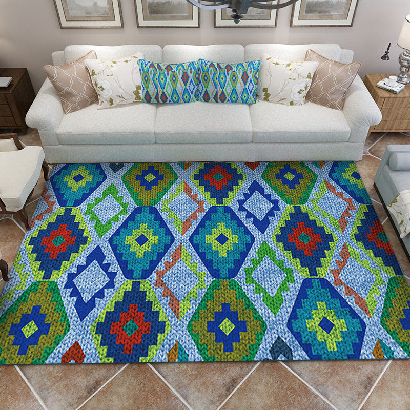Avtoit | Blue Bedroom Rug Southwestern Diamond Pattern Area Rug Polyester Pet-Friendly Non-Slip Rug