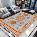 Avtoit | Moroccan Living Room Carpet in Blue and Red Medallion Flower Pattern Carpet Polyester Machine Washable Carpet