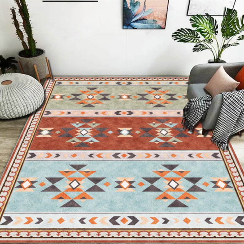 Avtoit | Blue and Red Bedroom Carpet Moroccan Medallion Triangle Stripes Pattern Area Rug Polyester Non-Slip Rug