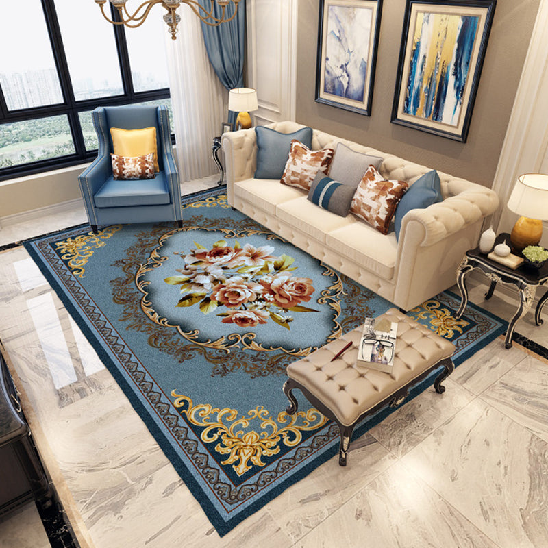 Avtoit | Persian Moroccan carpet in blue and red medallion floral pattern carpet made of polyester washable carpet for home decor