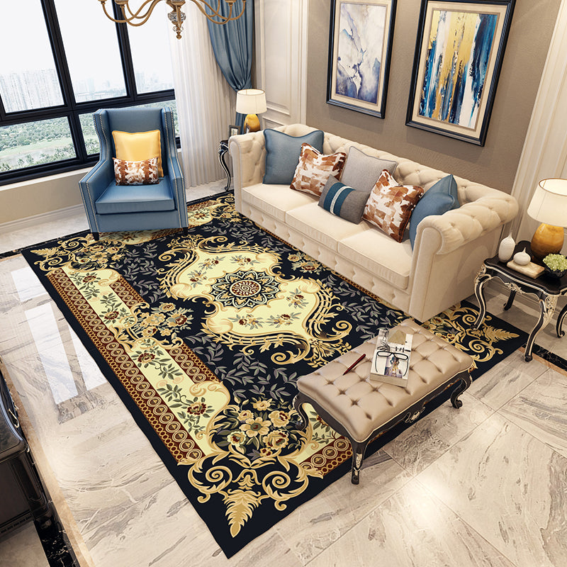 Avtoit | Moroccan Living Room Carpet in Blue and Red Medallion Flower Pattern Carpet Polyester Machine Washable Carpet