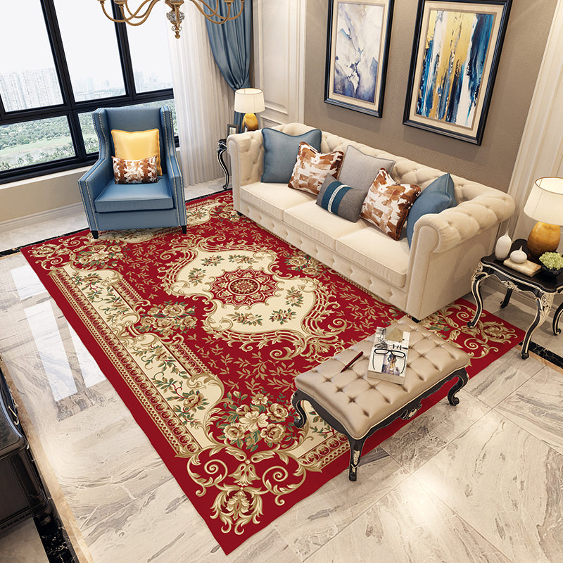 Avtoit | Moroccan Living Room Carpet in Blue and Red Medallion Flower Pattern Carpet Polyester Machine Washable Carpet