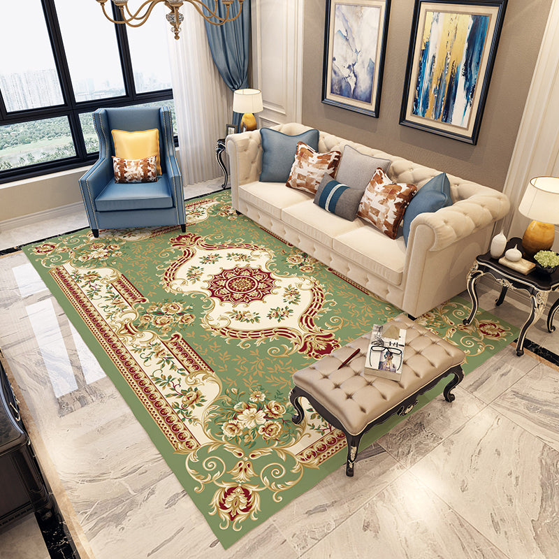 Avtoit | Moroccan Living Room Carpet in Blue and Red Medallion Flower Pattern Carpet Polyester Machine Washable Carpet
