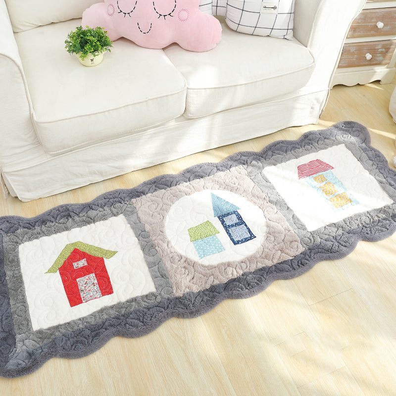 Avtoit | Novelty House Pattern Rug Green and Gray Children's Rug Polyester Washable Pet-Friendly Non-Slip Rug for Children's Room