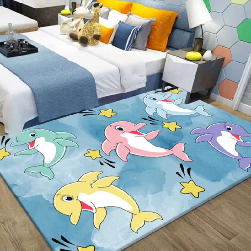 Avtoit | Multicolor Dolphin Pattern Rug with Star Polyester Kids Rug Washable Non-Slip Pet-Friendly Area Rug for Bedroom