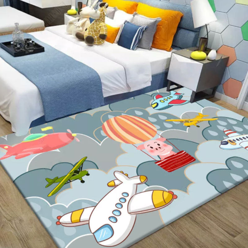 Avtoit | Beautiful blue children's carpet Polyester airplanes and balloon pattern carpet washable pet-friendly non-slip carpet for the children's room
