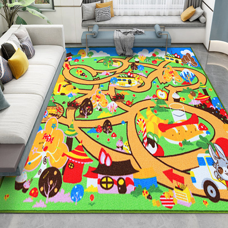 Avtoit | Kids Maze Pattern Rug Green Polyester Rug Non-Slip Pet-Friendly Washable Rug for Kids Room