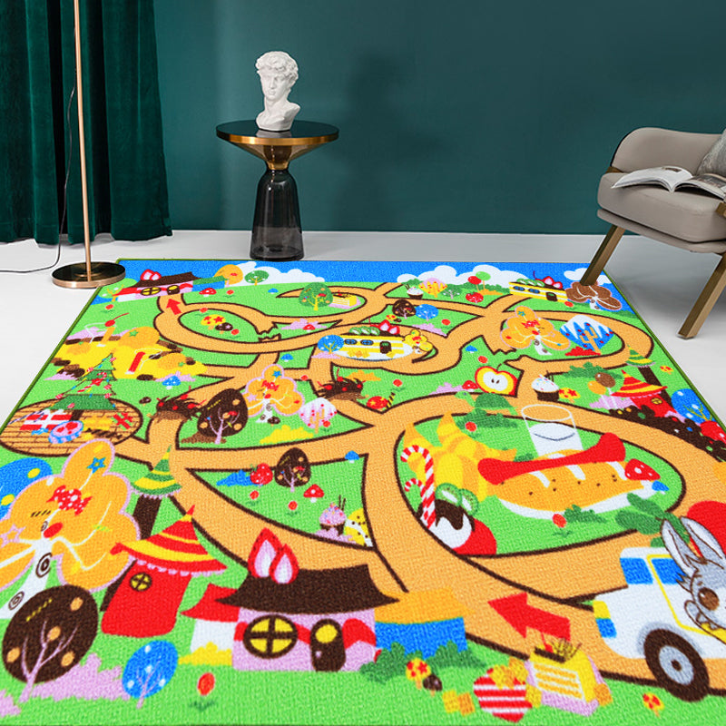 Avtoit | Kids Maze Pattern Rug Green Polyester Rug Non-Slip Pet-Friendly Washable Rug for Kids Room