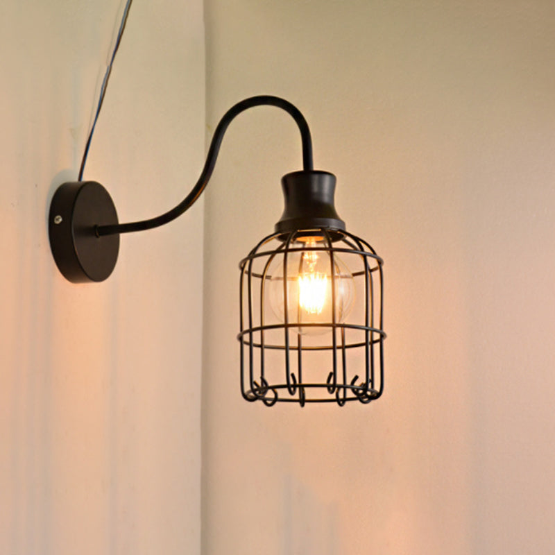 Avtoit | Metal Birdcage Wall Mount Lighting with Gooseneck Arm Vintage 1 Main Wall Lamp Sconces in Black