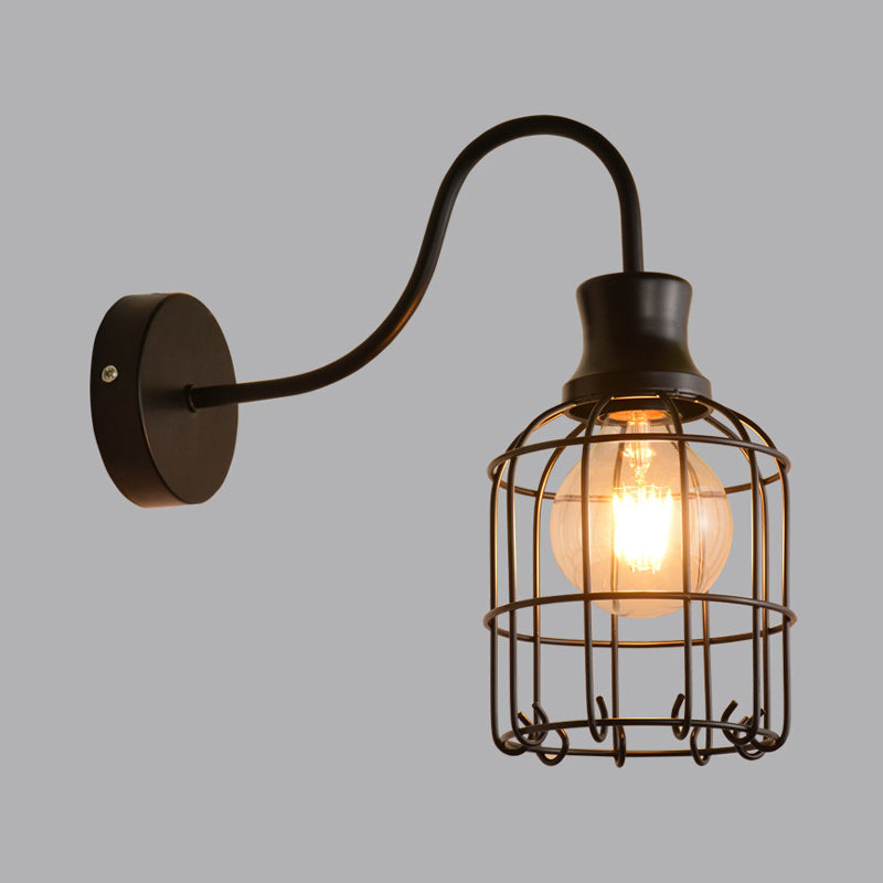 Avtoit | Metal Birdcage Wall Mount Lighting with Gooseneck Arm Vintage 1 Main Wall Lamp Sconces in Black