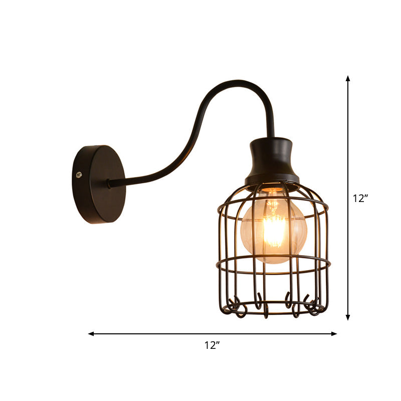 Avtoit | Metal Birdcage Wall Mount Lighting with Gooseneck Arm Vintage 1 Main Wall Lamp Sconces in Black