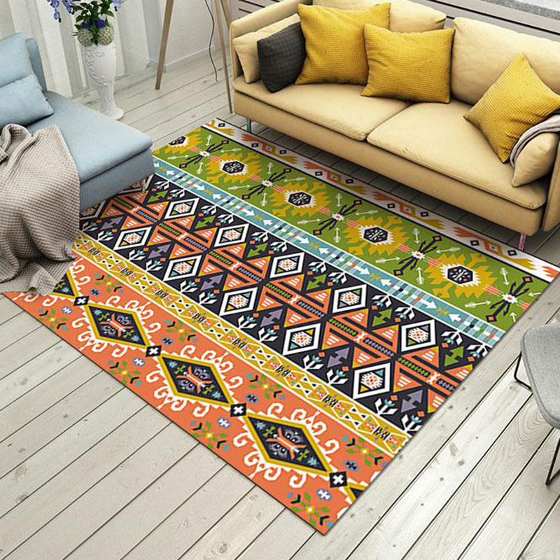 Avtoit | Tribal Stain-Resistant Indoor Runner Ethnic Striped Geometric Rug Orange and Green Polyester Pet-Friendly Rug
