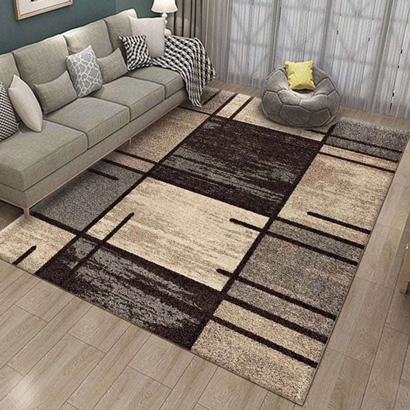 Avtoit | Brown Bedroom Rug Novelty Geometry Rectangle Check Stripe Print Rug Polyester Washable Area Rug