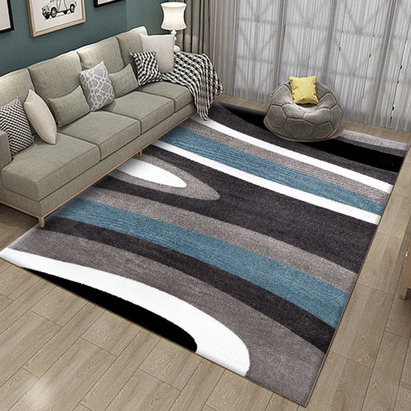 Avtoit | Novelty Stripe Curve Pattern Rug in Black and Gray Polyester Rug Washable Rug for the Living Room