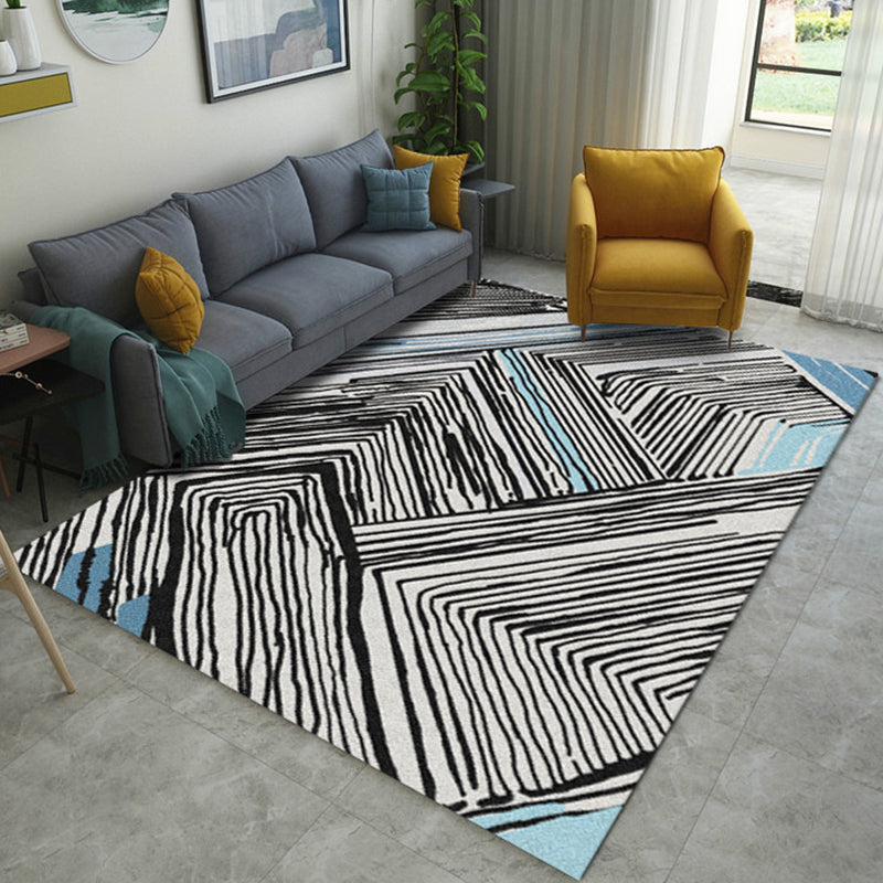 Avtoit | Novelties Bedroom Carpet in Black and White Geometric Stripes Print Carpet Polyester Washable Area Rug