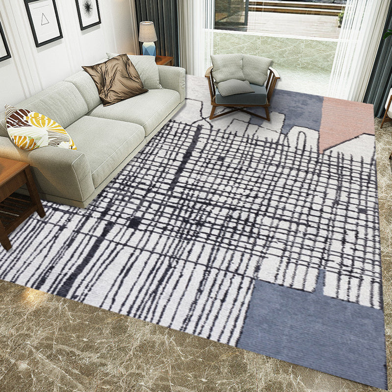 Avtoit | Simple Novelty Carpet in White Stripes Geometric Print Area Rug Polyester Washable Carpet for Bedroom