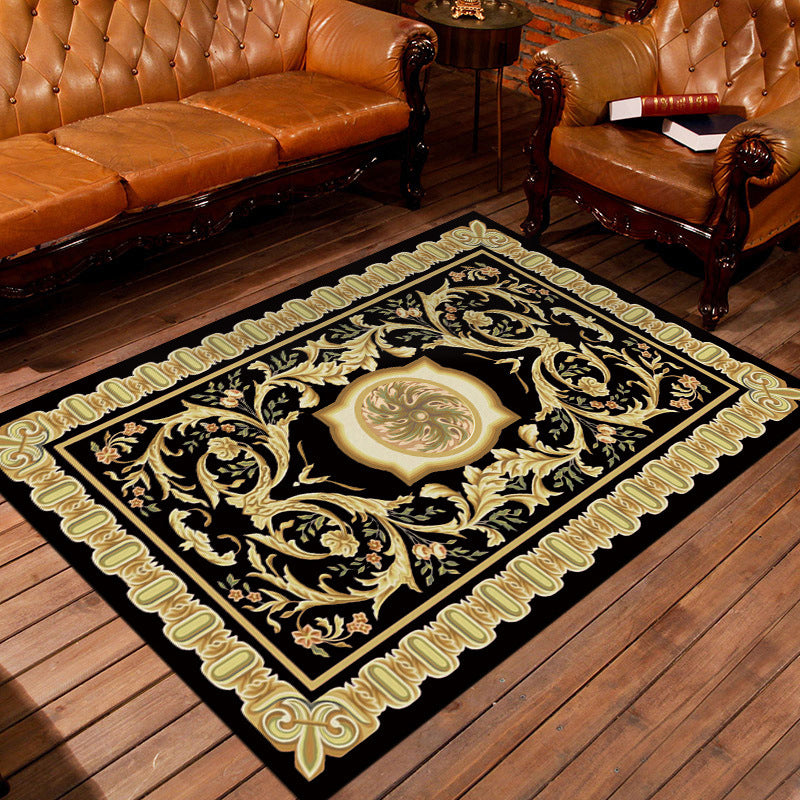 Avtoit | Moroccan living room rug in black and yellow floral print rug polyester area rug
