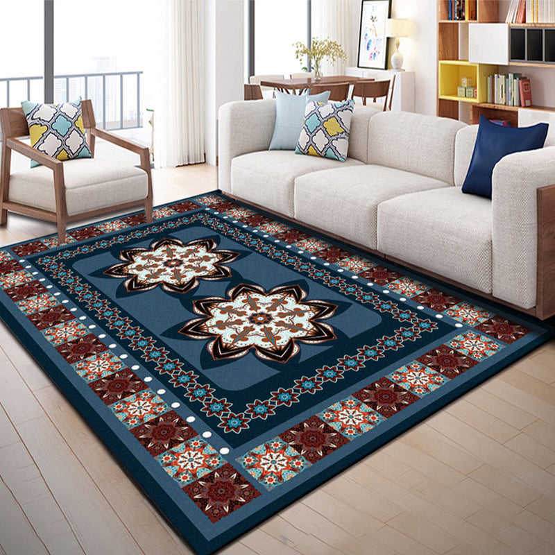 Avtoit | Blue Bedroom Rug Moroccan Floral Dots Rectangle Print Rug Polyester Non-Slip Rug