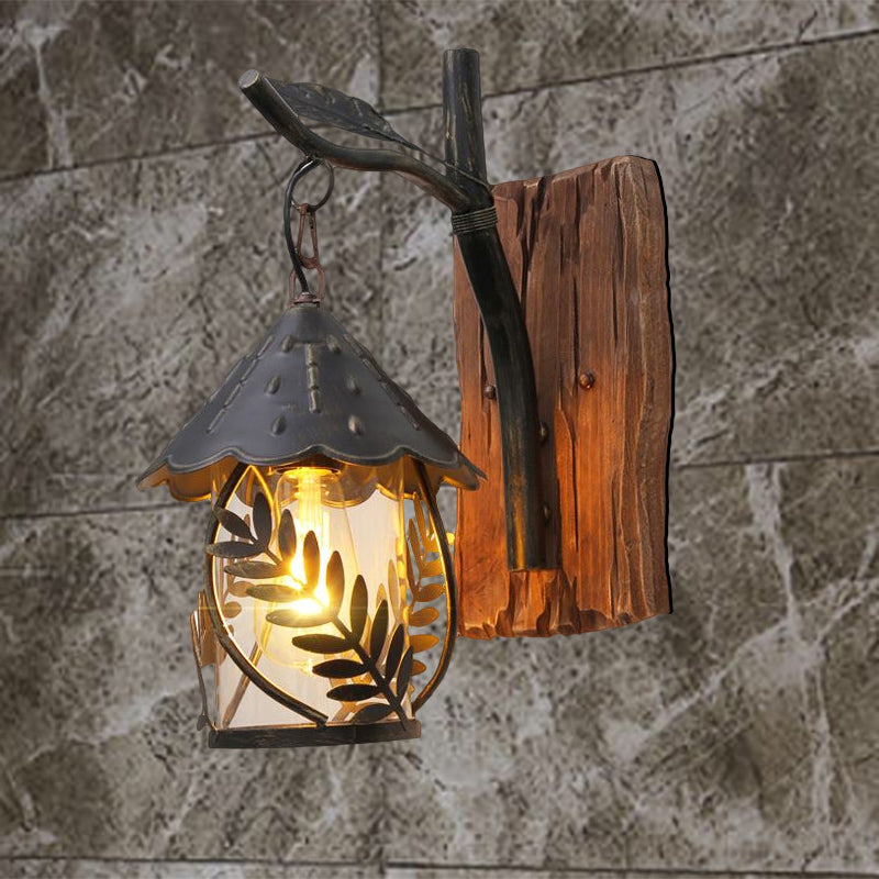 Avtoit | A wall lamp with a glass bulb and cylindrical shade made of clear glass, industrial wall lamp for the living room with leaf branch in black