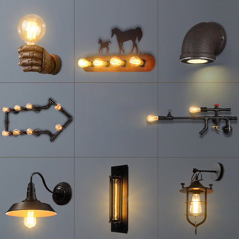 Avtoit | Iron Black Surface Wall Sconce Water Pipe/Cage/Fist-shaped 1-Bulb Industrial Style Wall Mounted Light Fixture