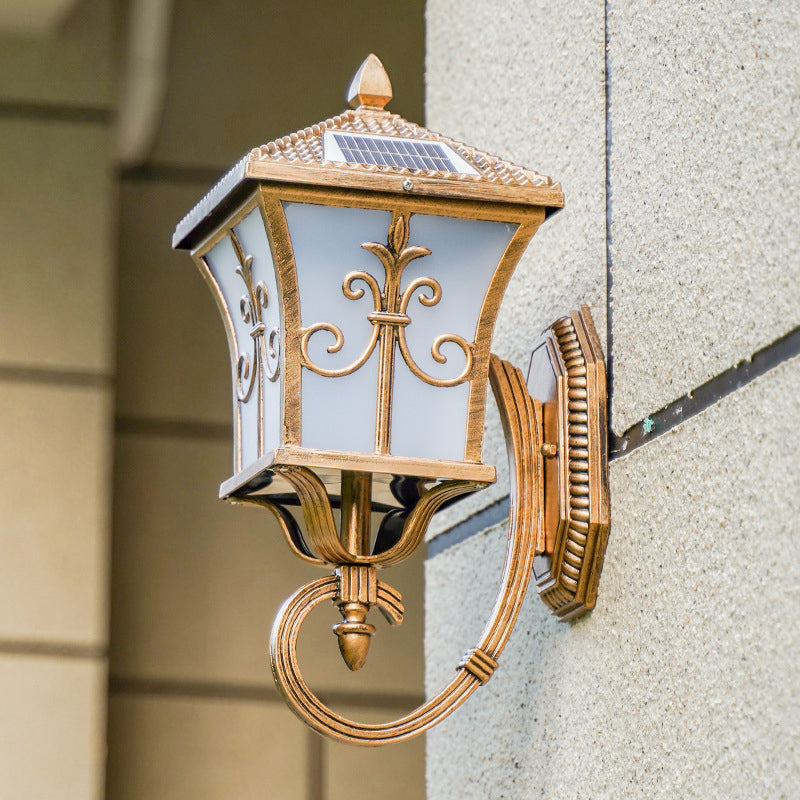 Avtoit | Frosted Glass Curved Lantern Wall Light Traditional Terrace Small/Large Solar LED Wall Lamp in Black/Brass