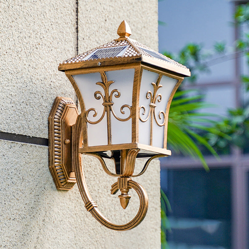 Avtoit | Frosted Glass Curved Lantern Wall Light Traditional Terrace Small/Large Solar LED Wall Lamp in Black/Brass
