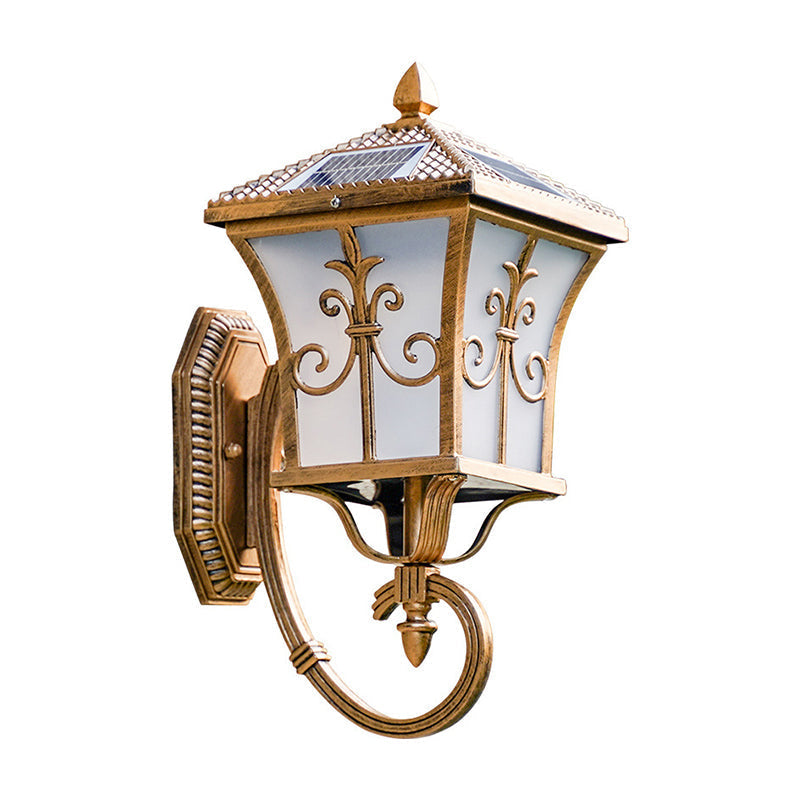 Avtoit | Frosted Glass Curved Lantern Wall Light Traditional Terrace Small/Large Solar LED Wall Lamp in Black/Brass