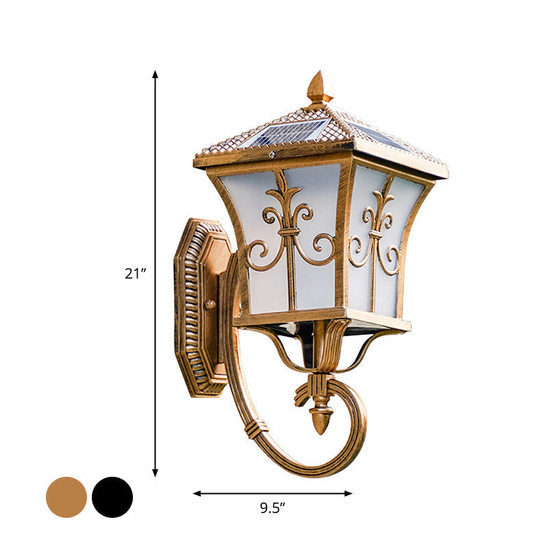 Avtoit | Frosted Glass Curved Lantern Wall Light Traditional Terrace Small/Large Solar LED Wall Lamp in Black/Brass