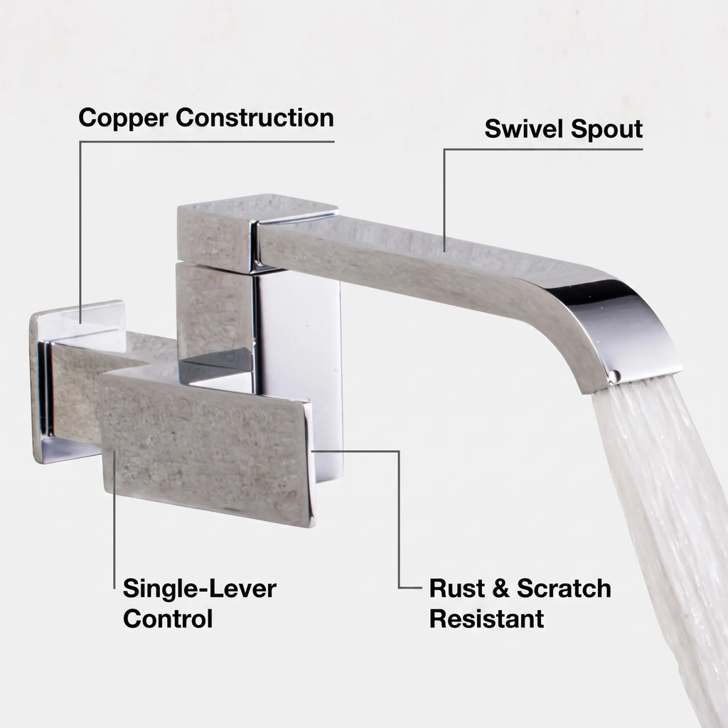 Avtoit | Contemporary Wall Mounted Bathroom Faucet Lever Handles Low Arc Swivel Brass Faucet