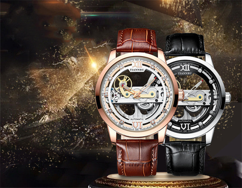 Automatic Skeleton Tourbillon Watch with Leather or Steel Strap