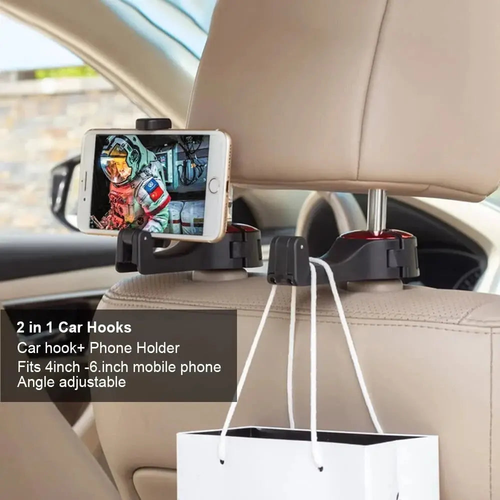 Avtoit | 2-in-1 Car Headrest Hooks – Holds Bags & Serves as Smartphone Holder