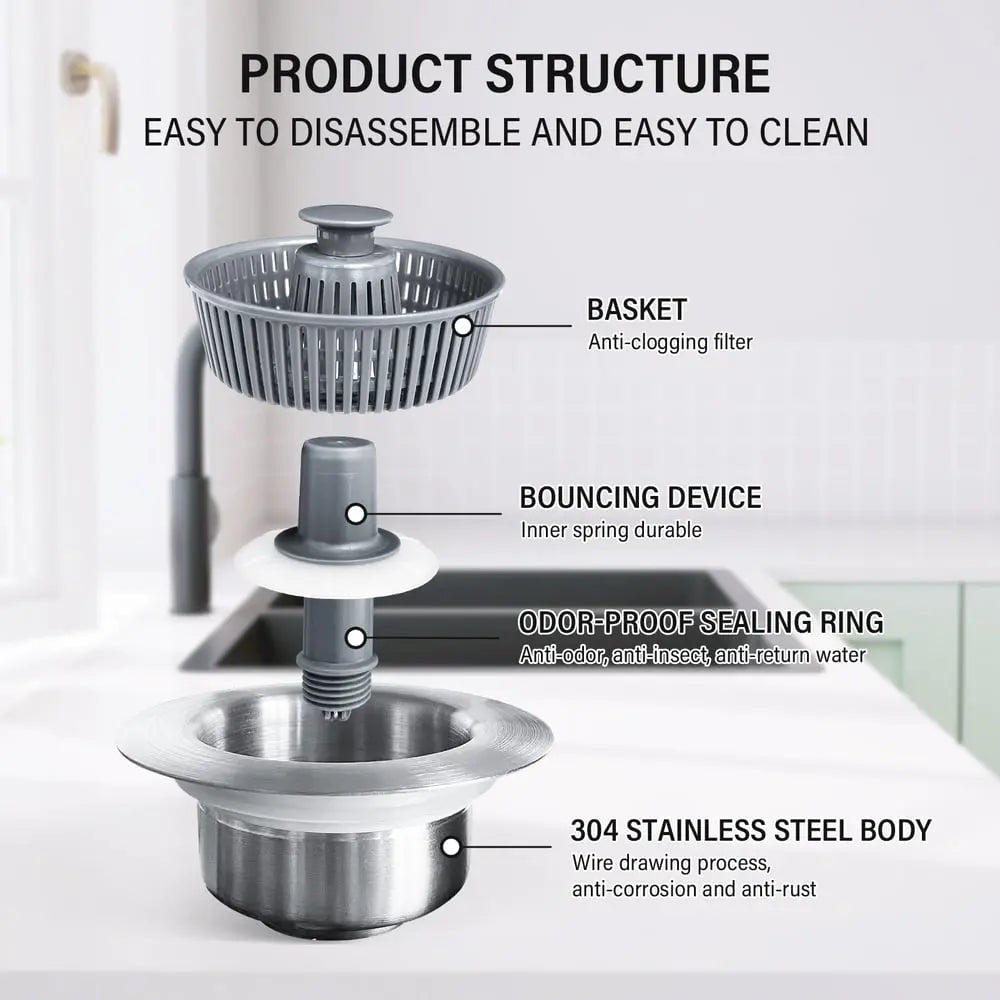 Sink Drain Strainer with Push-Button Stopper and Odor Barrier