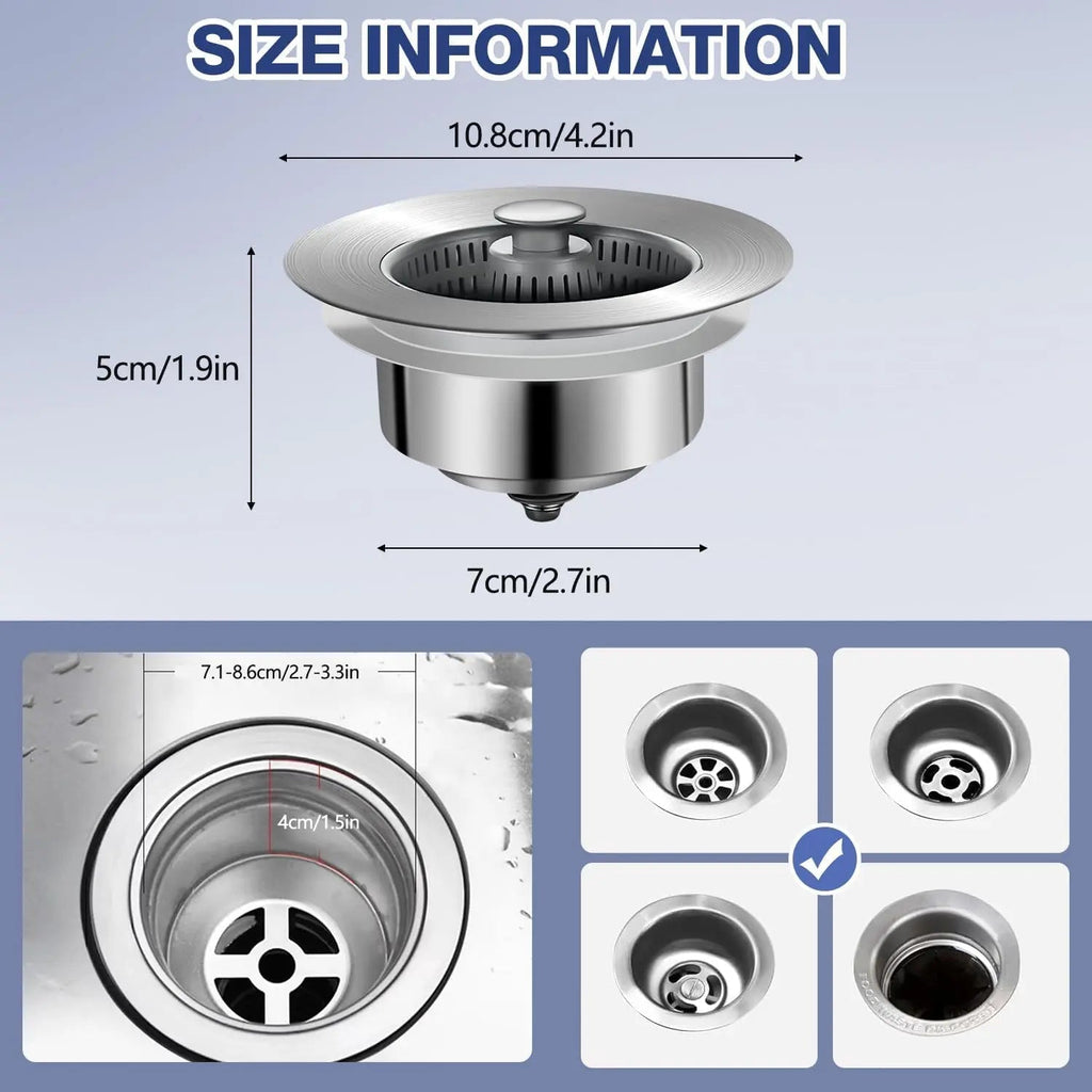 Sink Drain Strainer with Push-Button Stopper and Odor Barrier
