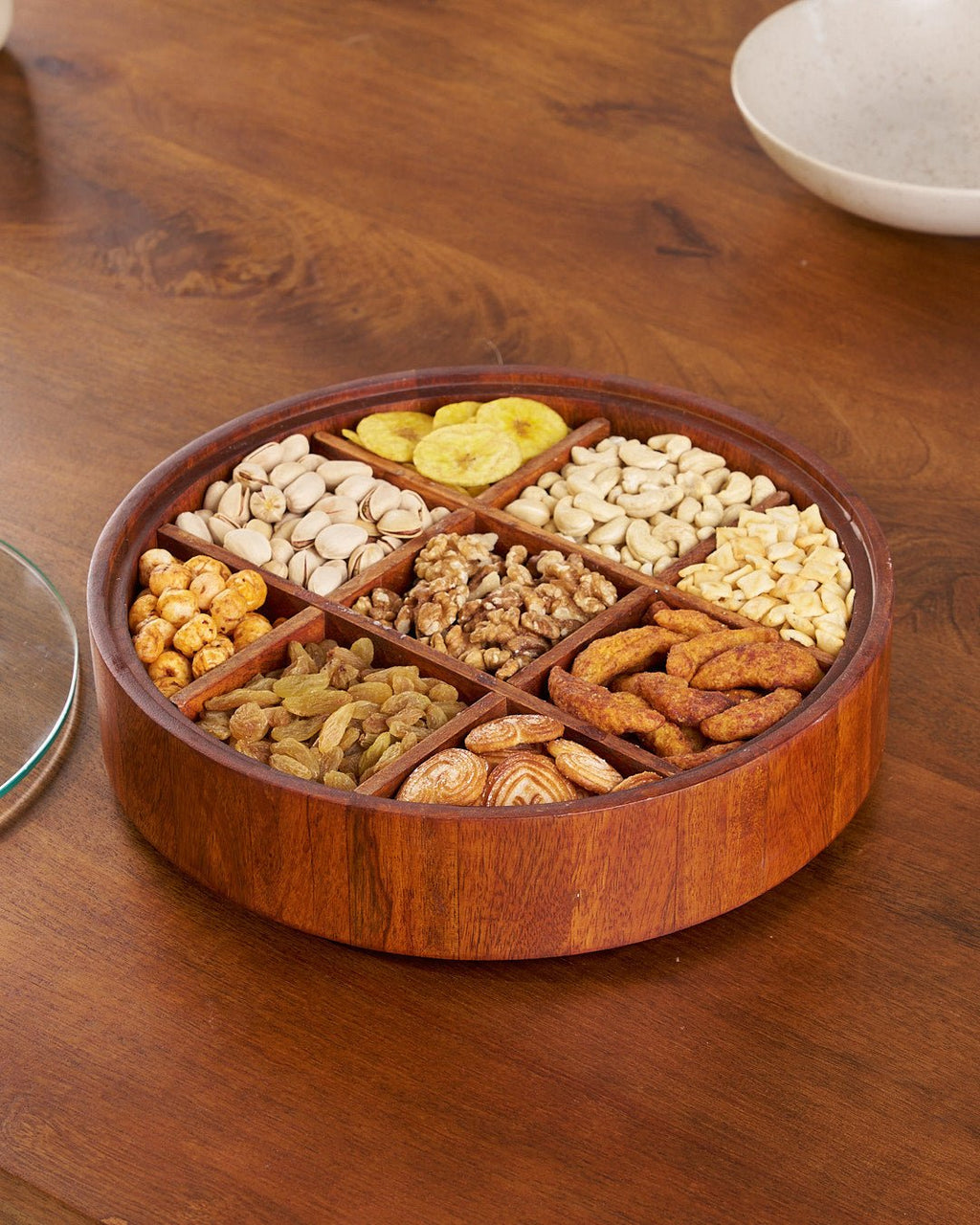 Avtoit | BambooSpin – 9-Compartment Serving Tray with Rotating Lid | Premium Bamboo Snack Platter