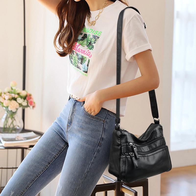 PU Leather Shoulder Bag with Zipper Pockets and Adjustable Strap