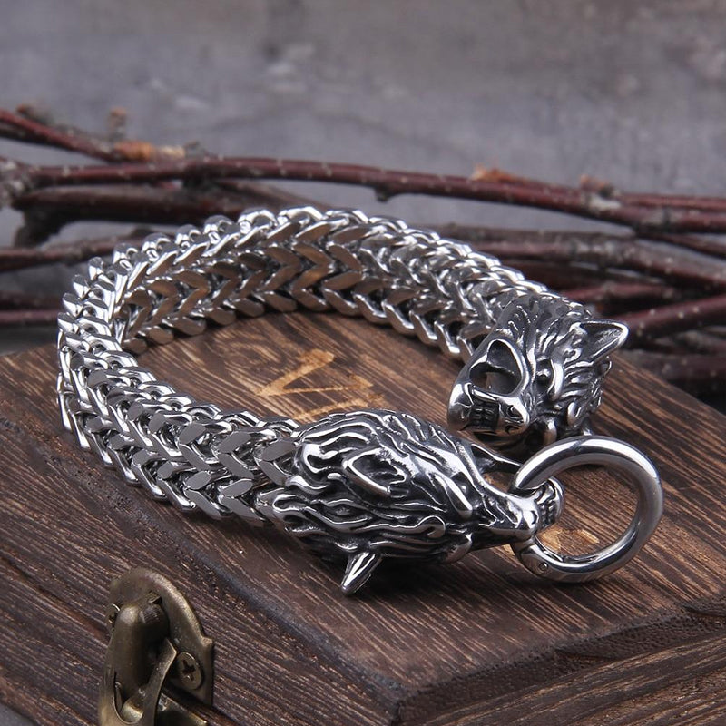 Avtoit | Viking Stainless Steel Double Wolf Head Fenrir Bracelet