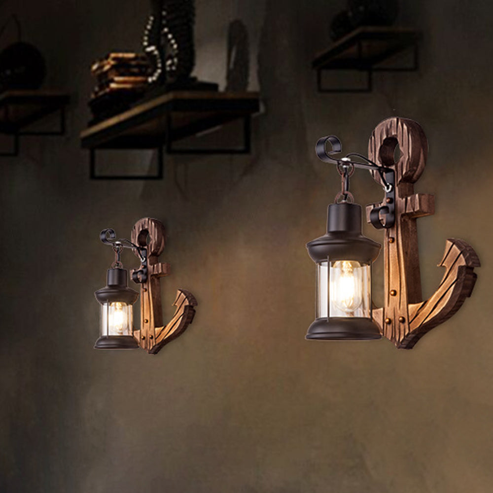 Avtoit | Rustic Wood Anchor Wall Lamp with Lantern