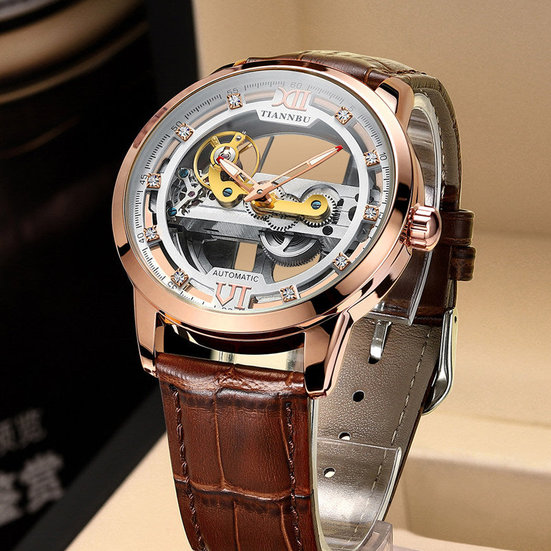 Automatic Skeleton Tourbillon Watch with Leather or Steel Strap
