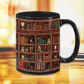 Ceramic Coffee Mug with Cat and Bookshelf Design