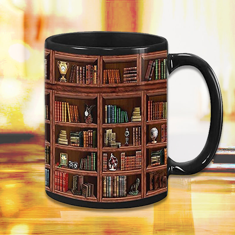 Ceramic Coffee Mug with Cat and Bookshelf Design