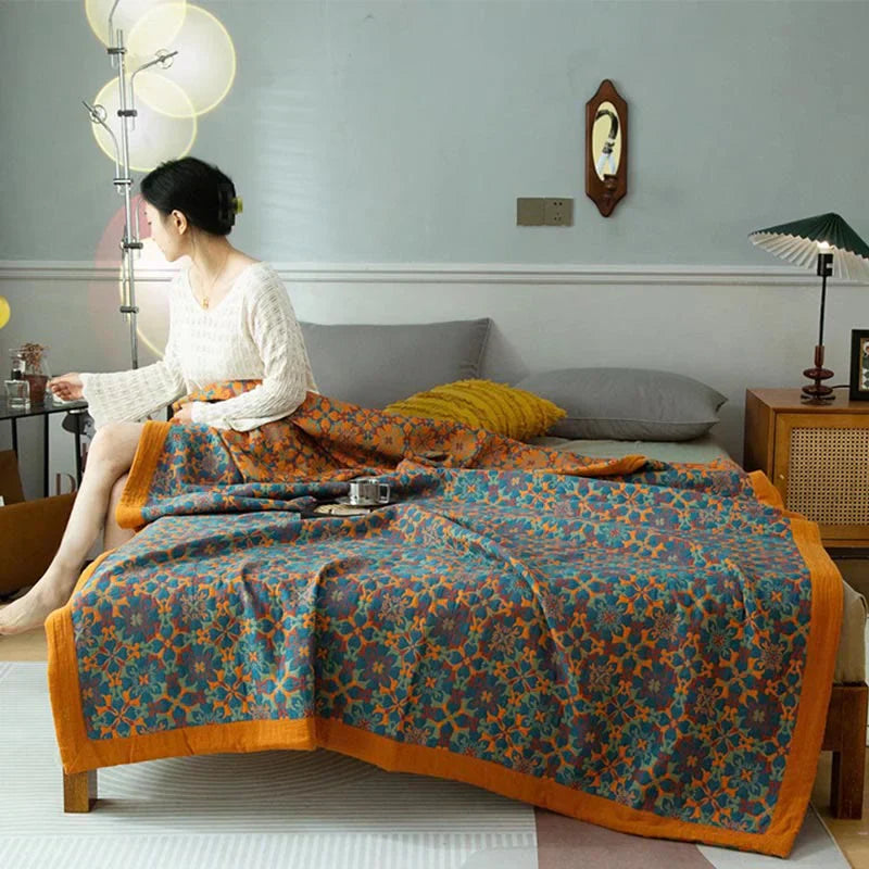 Avtoit | Six-Layer Cotton Blanket with Orange-Blue Pattern