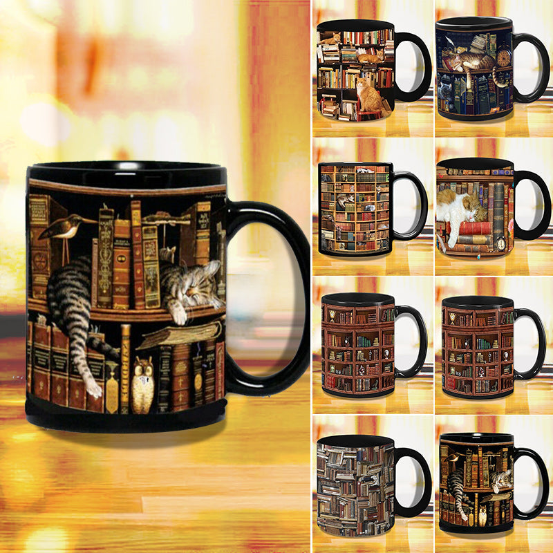 Ceramic Coffee Mug with Cat and Bookshelf Design
