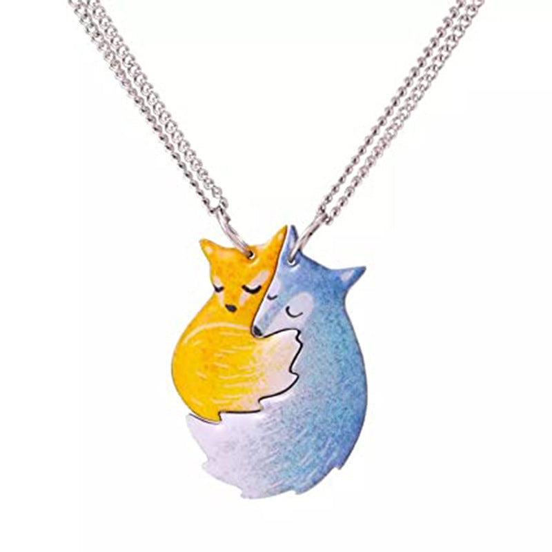 Avtoit | Hand-painted Fox and Wolf Couple Embrace Necklace
