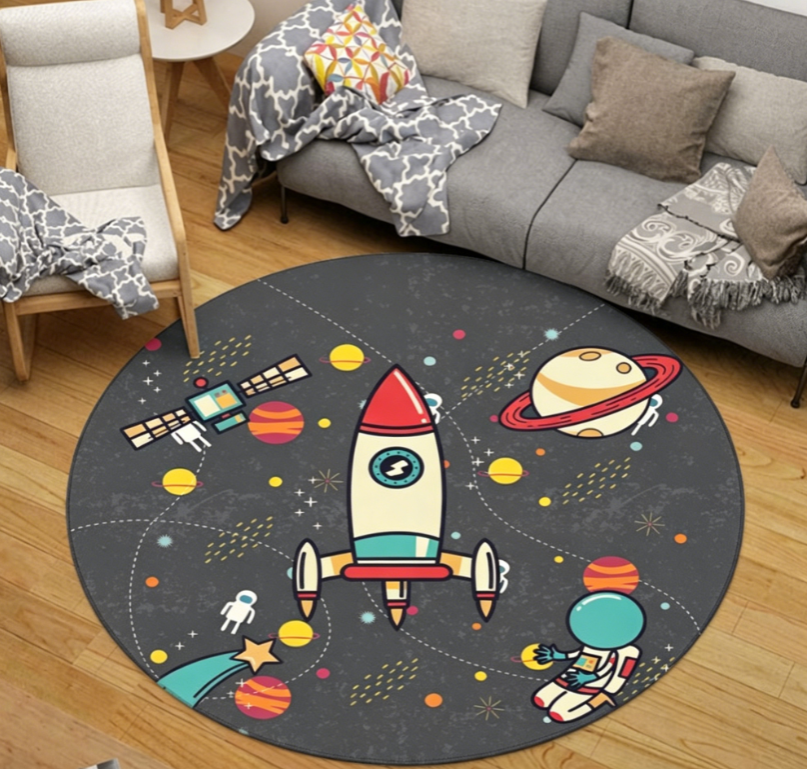 Avtoit | Children Space Pattern Carpet Black and Blue Polyester Carpet Washable Pet-Friendly Non-Slip Rug for Children's Room
