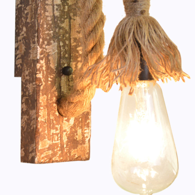 Avtoit | 1 Light Bare Bulb Wall Lamp Fixture Warehouse Beige Jute Rope Wall Mounted Light with Wooden Back Plate
